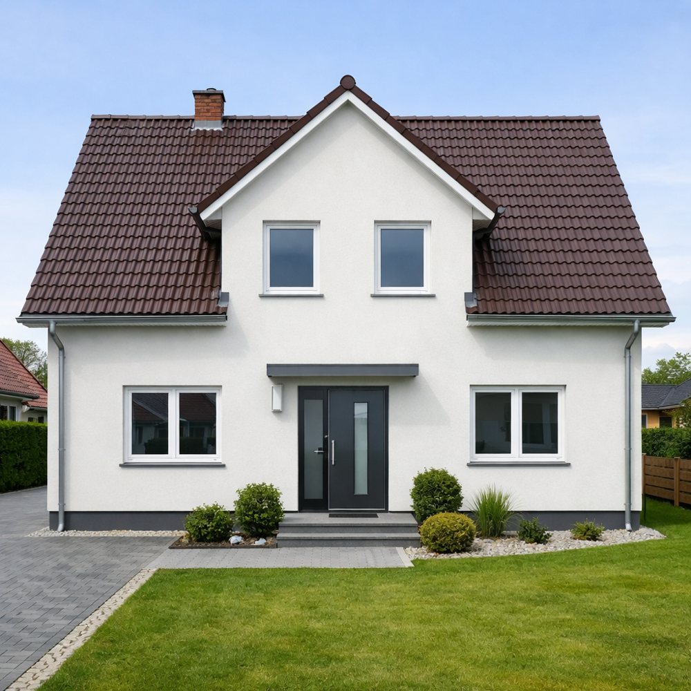 Gepflegtes Einfamilienhaus mit weißer Fassade und dunklem Ziegeldach